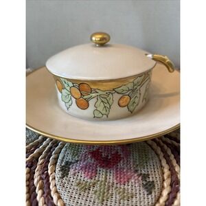 Antique Porcelain Covered Cream Soup Bowl Fruit Attached Under‎ Plate Ladle Gilt